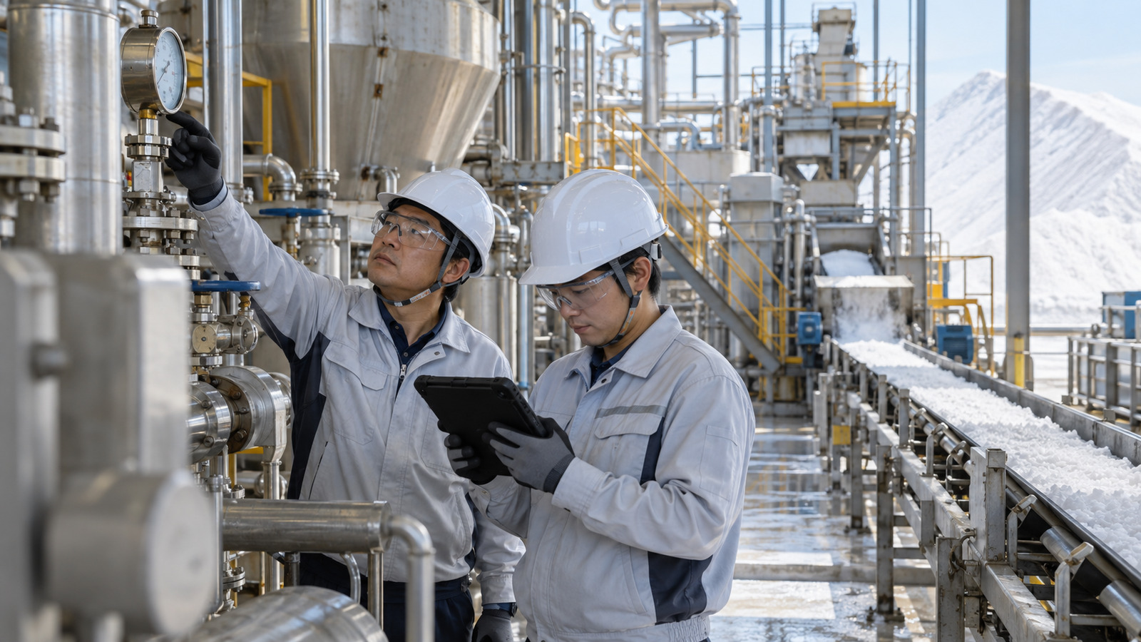 Two salt plant technicians inspect processing equipment with a rugged tablet and physical gauge beside stainless pipework and a salt conveyor