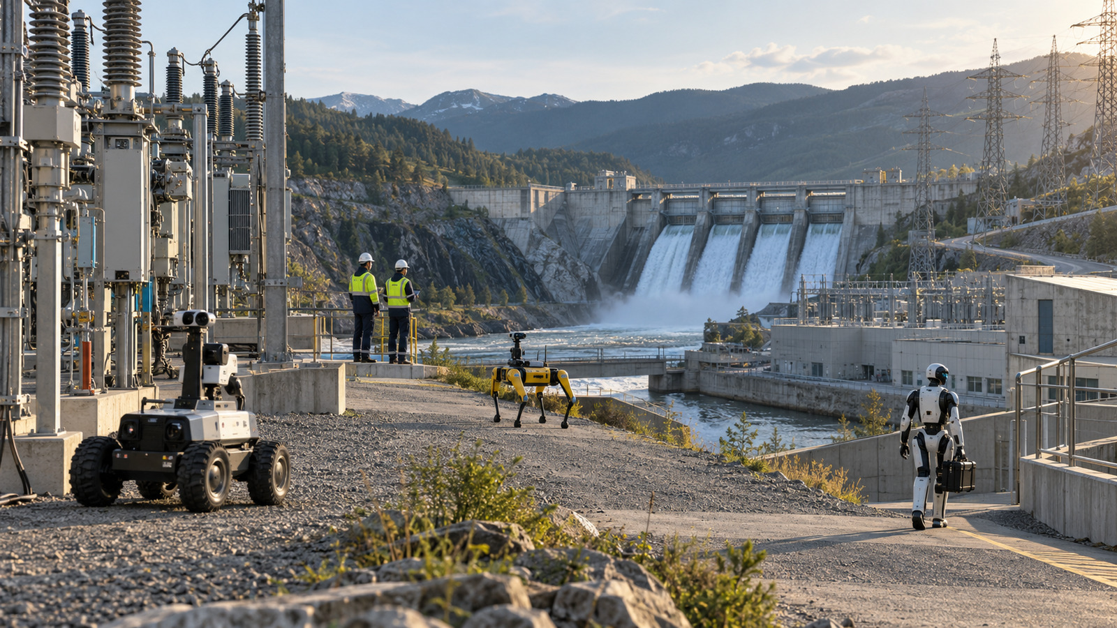 Wheeled, quadruped and humanoid robots work across a hydroelectric power station while utility technicians observe operations from a safe area.
