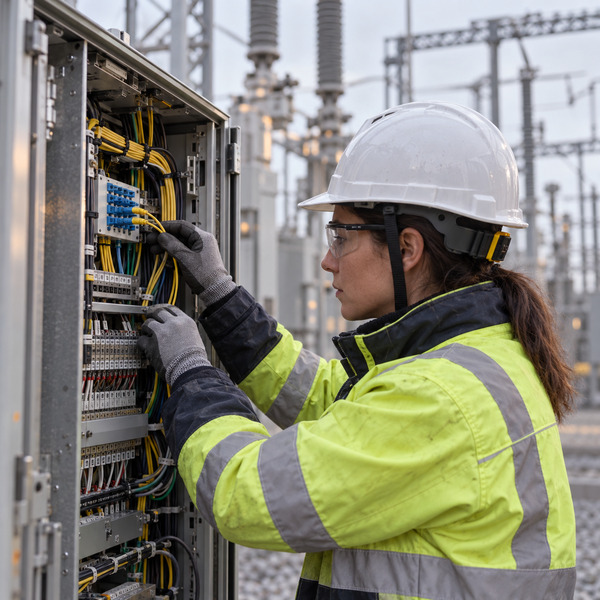Utility field technician checking sensor and fiber connections inside a substation instrumentation cabinet.