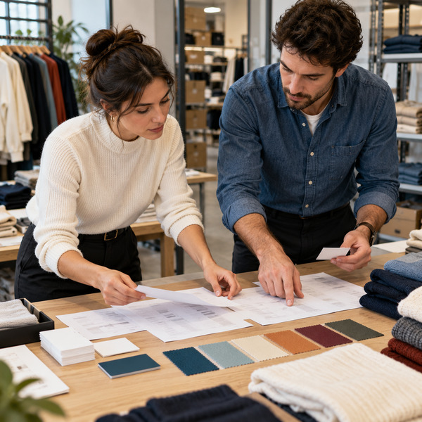 A retail commercial lead and data specialist arrange transaction printouts and color samples beside folded garments.