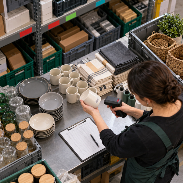 Retail planner scans grouped household products beside an inventory sheet in a store stockroom.