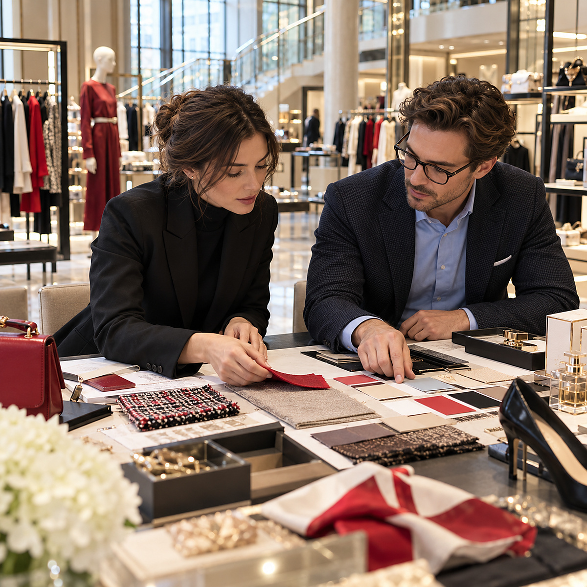Retail strategy colleagues arranging product samples and planning materials on a table inside a premium department store.