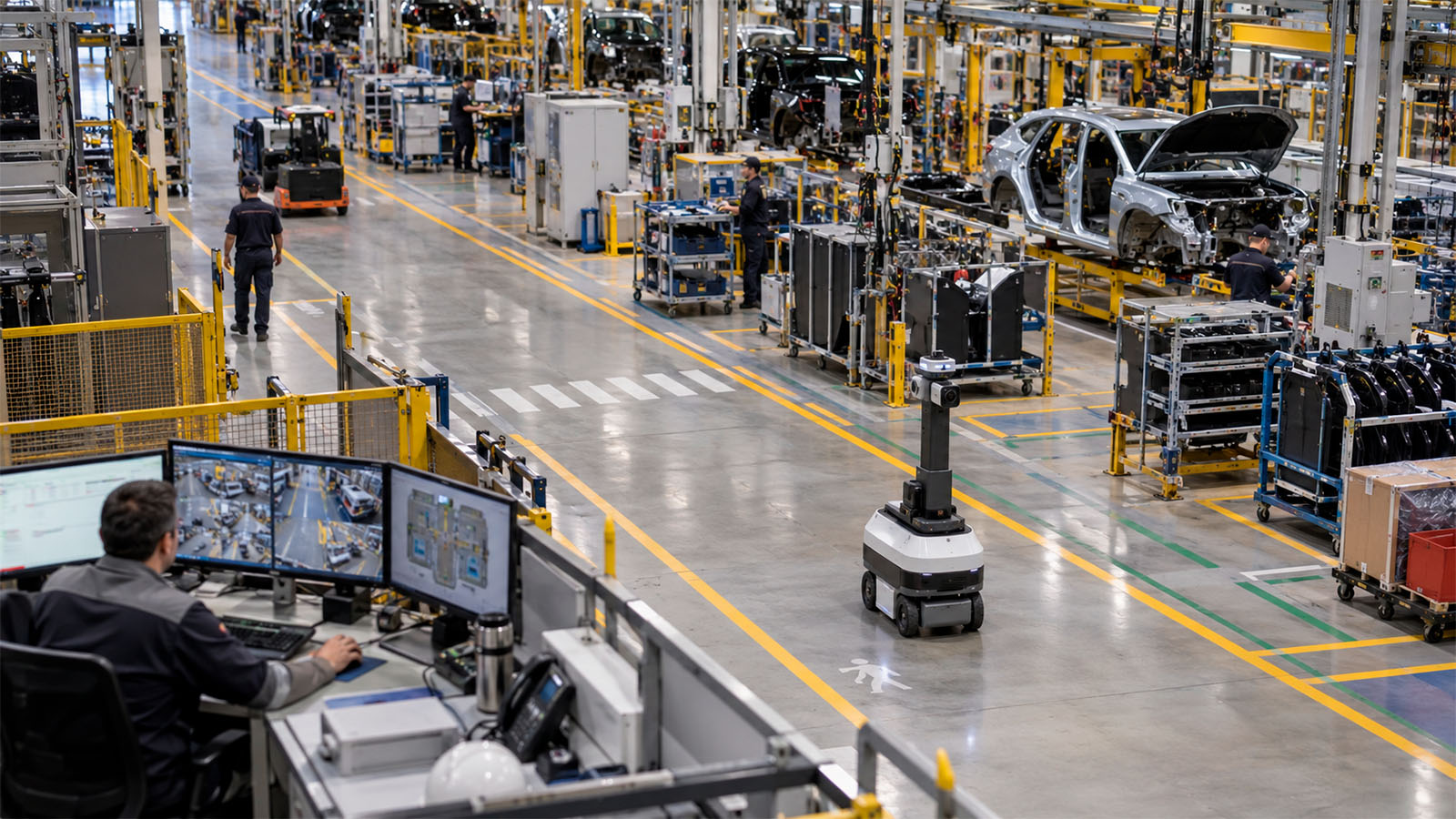 Vehicle assembly floor with an autonomous patrol robot extending safety visibility across several active work zones.