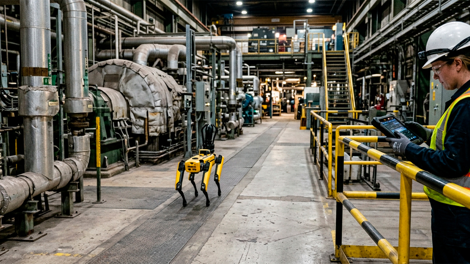 Inspection robot moving through a power-generation service gallery while a technician supervises from a safe access point.