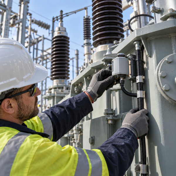 Utility technician in protective equipment installing a condition sensor and secure cabling on a power transformer inside an electrical substation.