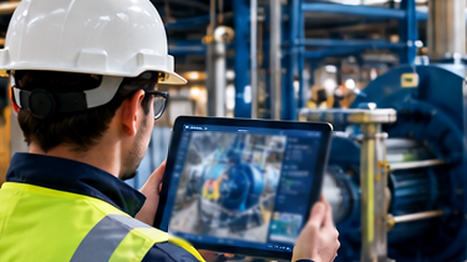 Industrial technician reviews equipment conditions beside a large pump assembly in a process facility, linking physical operations with digital safety oversight.