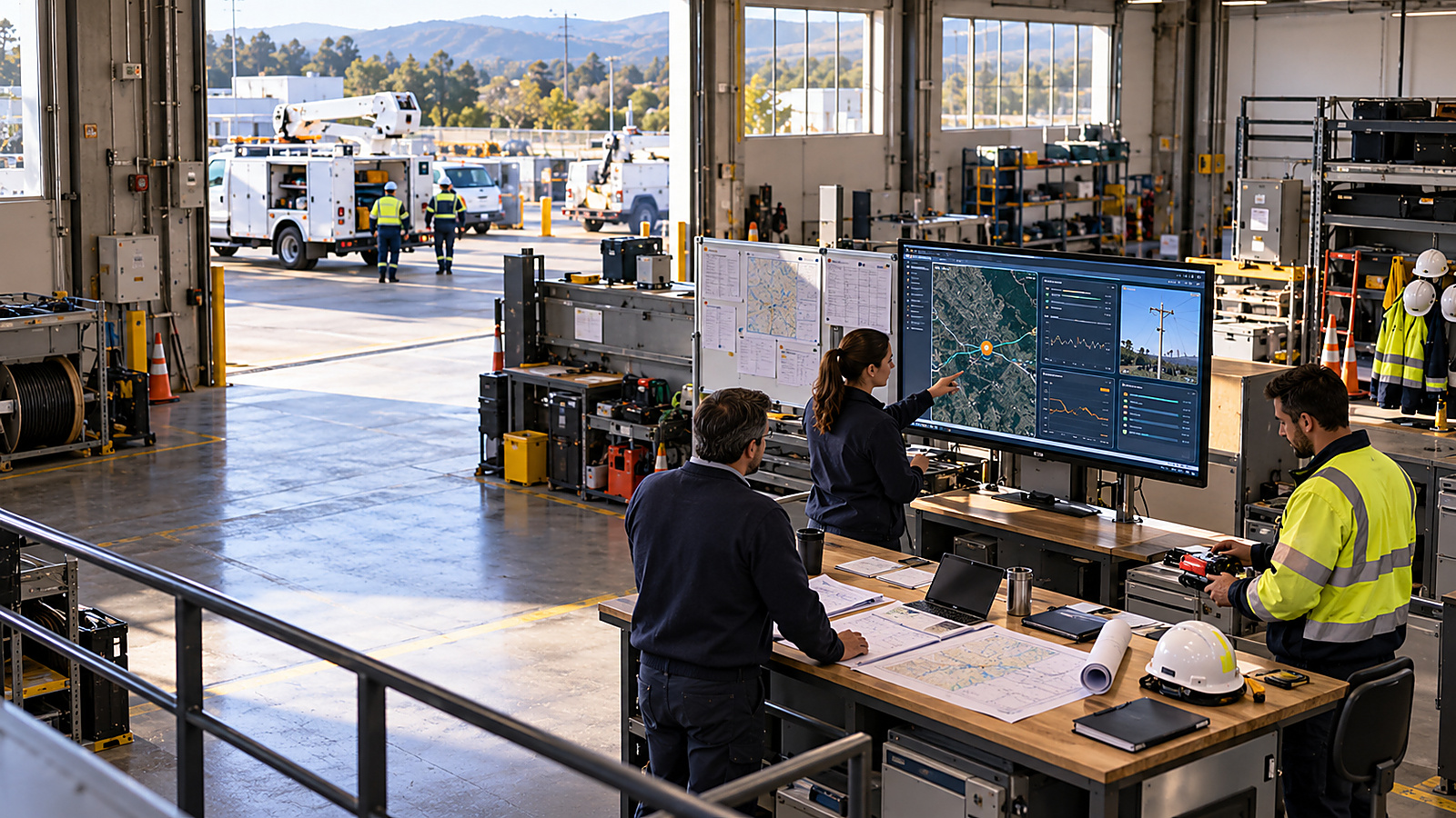 Utility operations and field teams coordinate maintenance around a shared asset map and work plans inside a service depot with utility vehicles outside.