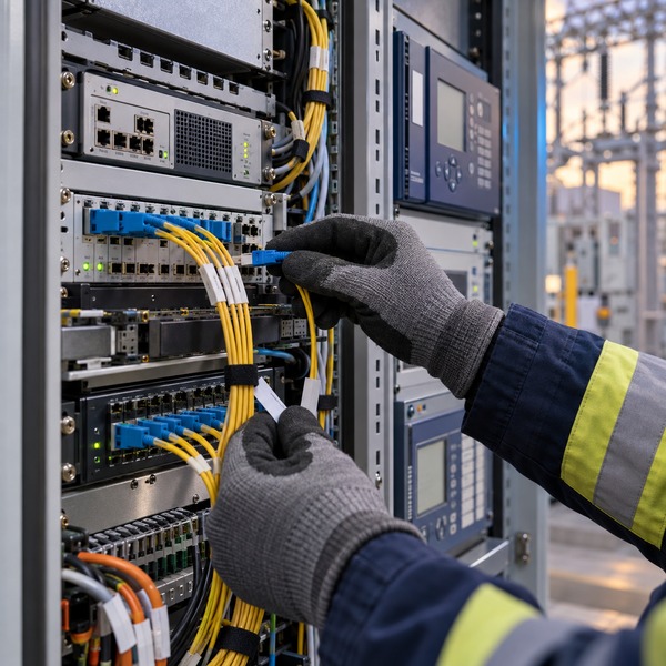 Gloved engineer traces fibre connections and utility communications equipment inside a secure power substation telecommunications room.