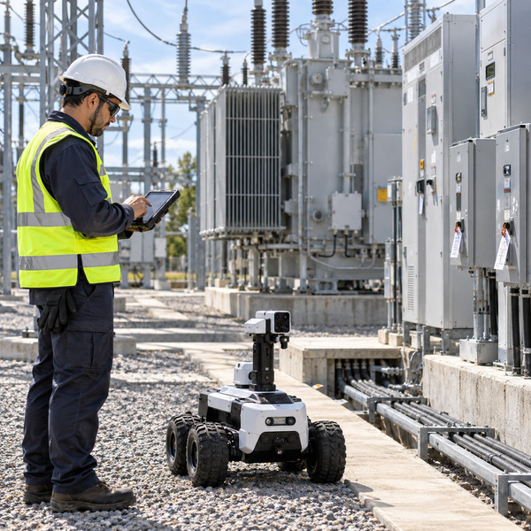 Utility engineer reviewing connected asset data beside substation equipment and field infrastructure