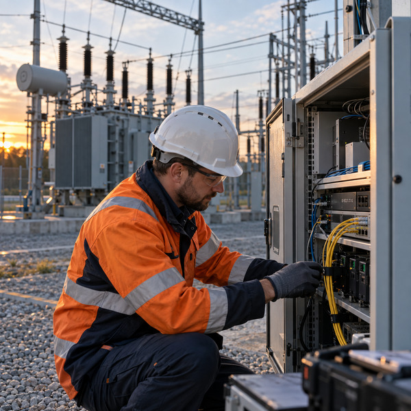 Utility field engineer connecting industrial communications equipment beside transformers and power lines in an electrical substation.