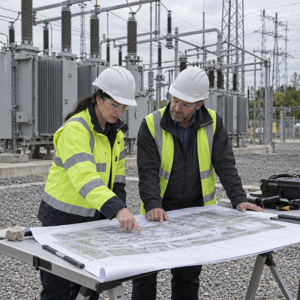 A utility operations lead and an infrastructure architect review a printed site map inside an electrical substation.
