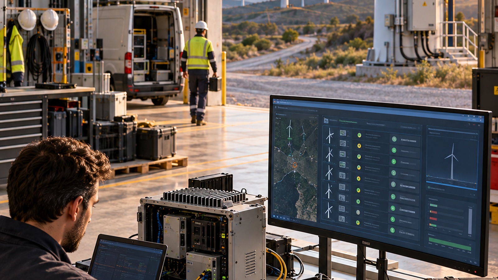 Wind-farm engineering workspace with turbine monitoring equipment, a field technician and operating wind turbines visible beyond the maintenance facility.