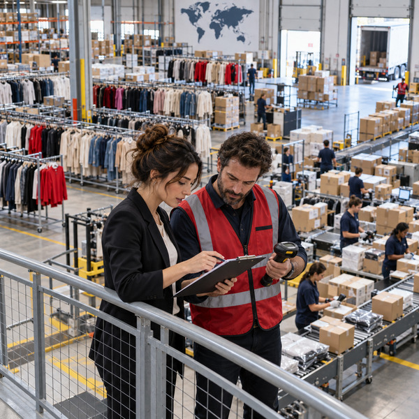 A fashion eCommerce operations planner and a fulfillment supervisor review activity from a mezzanine above garment racks and packing lines.