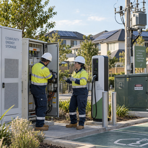Utility field engineers inspect a neighbourhood energy hub linking rooftop solar, batteries and the distribution network.