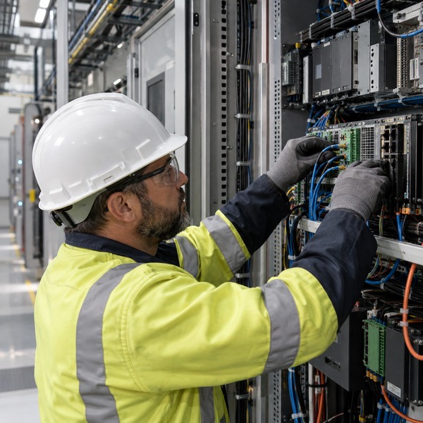 A utility technician inspects communication wiring and equipment inside a distribution substation relay room.