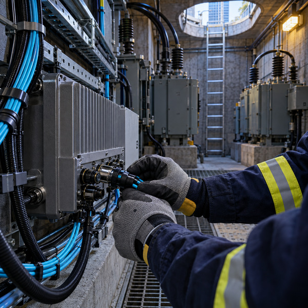 A utility technician connects an industrial communications module beside transformers, sensors and fibre cabling in an urban power distribution vault.