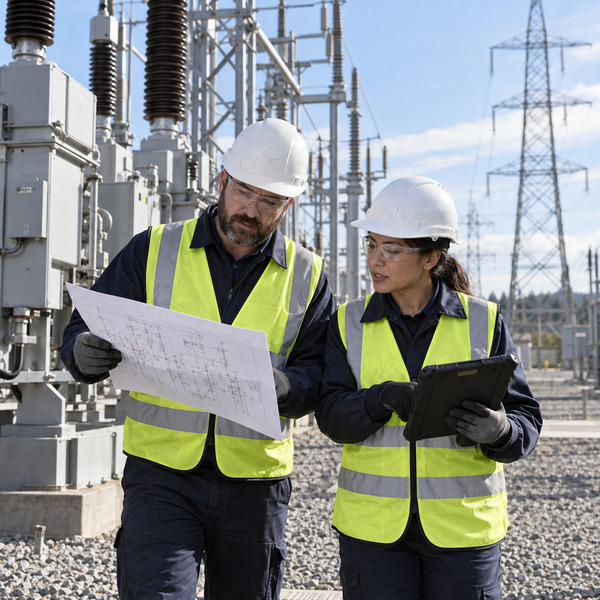 Utility professionals review a network plan beside high-voltage equipment in a transmission substation.