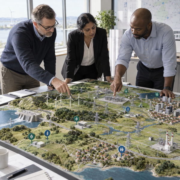 Utility planning team reviewing a physical network map with generation, transmission and demand zones during a structured use-case workshop.
