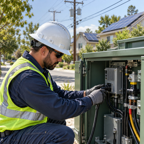 Utility technician connecting diagnostic equipment inside a neighbourhood transformer cabinet near solar-powered homes.