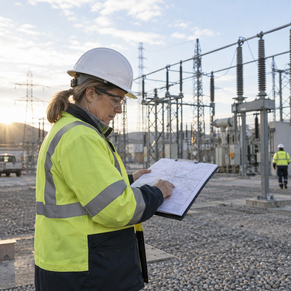 Utility planning engineer reviewing a network map during a site walk at a high-voltage substation.