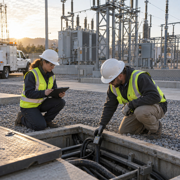 Utility technicians inspect substation and underground cable assets while connecting field, asset and operational information.