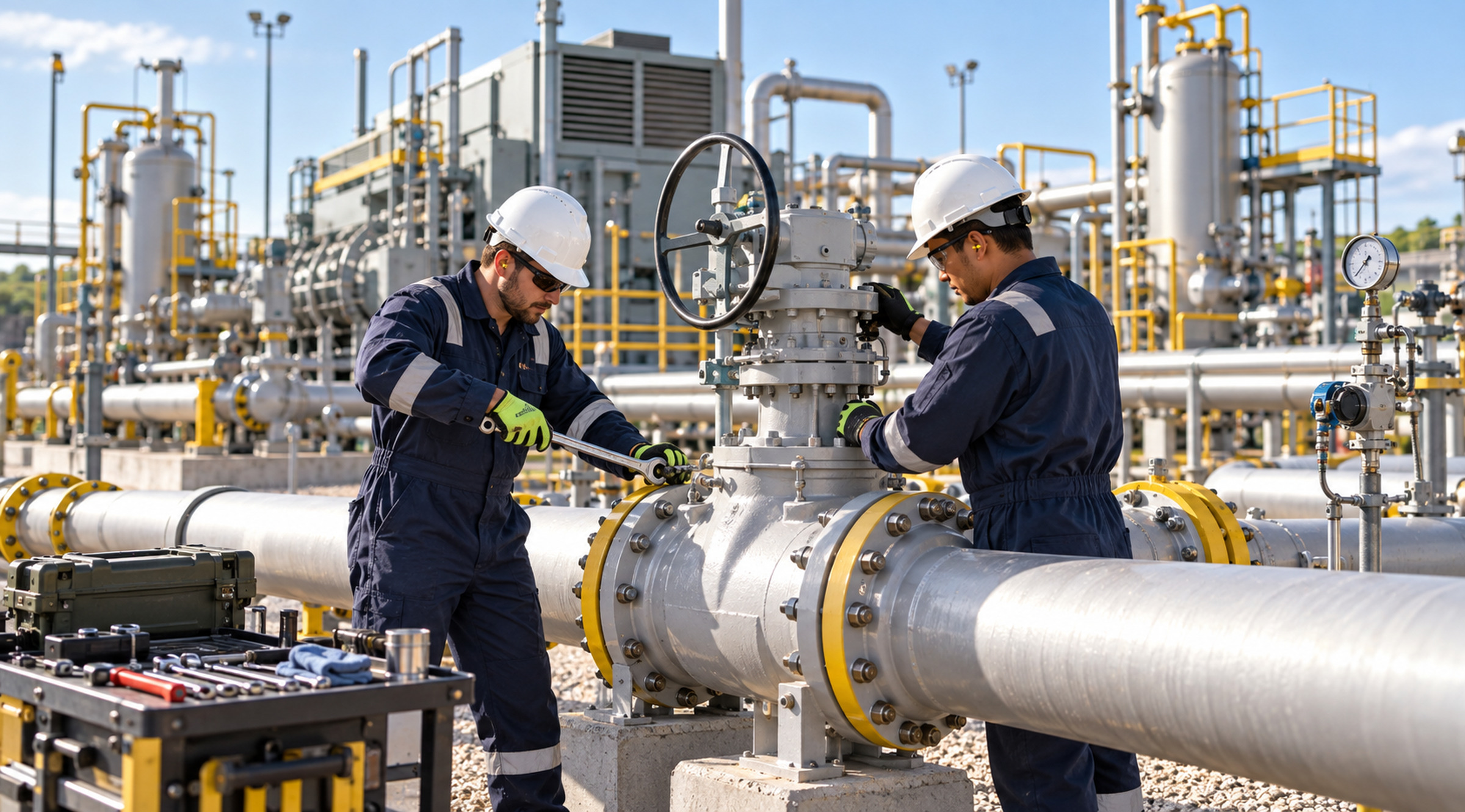 Two technicians carry out planned maintenance on a large valve assembly at a gas compressor and metering station.
