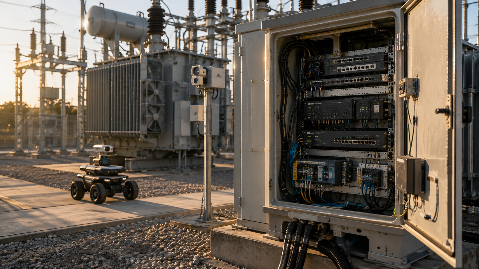 Open substation communications cabinet beside transformer equipment, showing industrial network components under controlled operating conditions.
