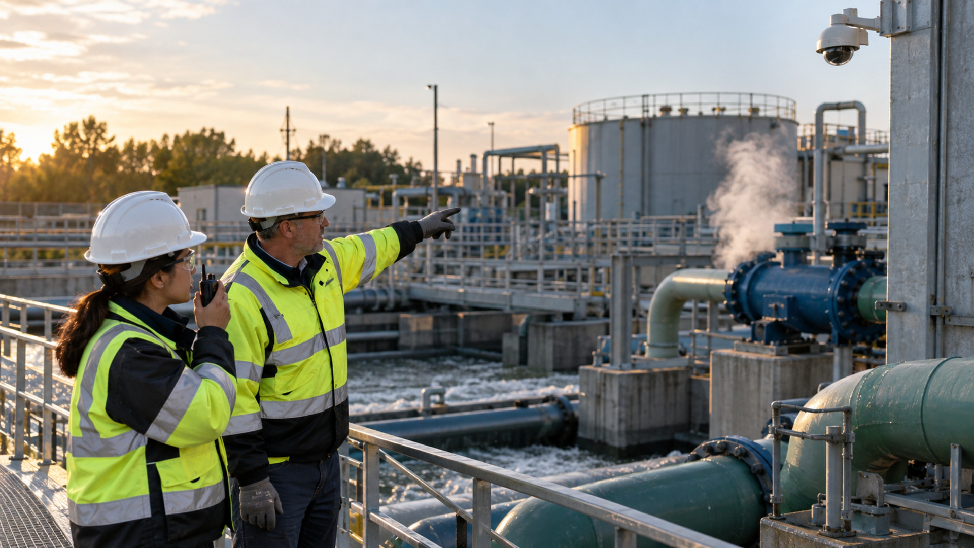 Operations professionals coordinate a response near pipes and treatment equipment at a water utility.