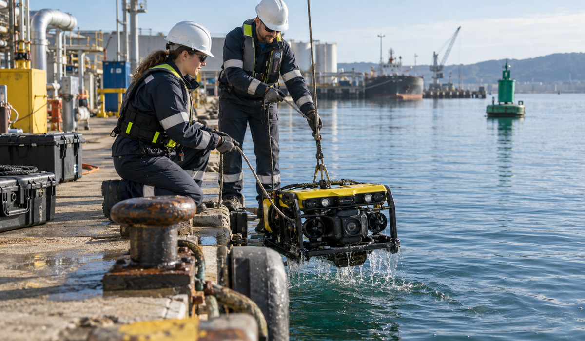 Maritime field technicians recover an autonomous underwater vehicle beside a port utility quay after an inspection mission.