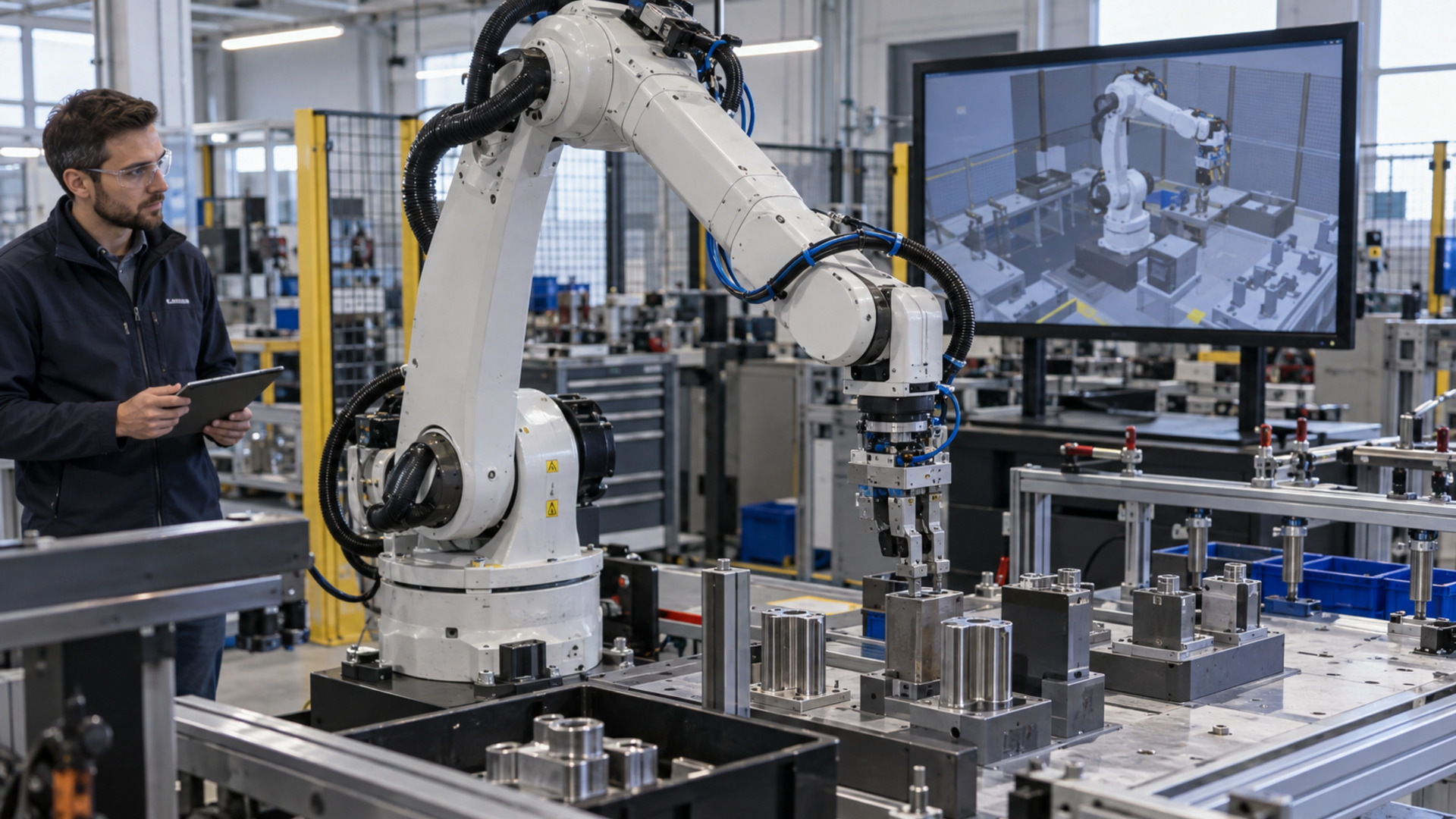 Engineer compares a physical robotic arm with its matching digital twin during movement validation in an industrial test bay.