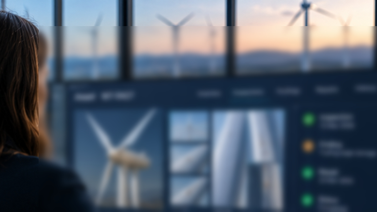 Wind maintenance specialist reviews blade inspection imagery at an engineering workstation with wind turbines visible beyond the facility.