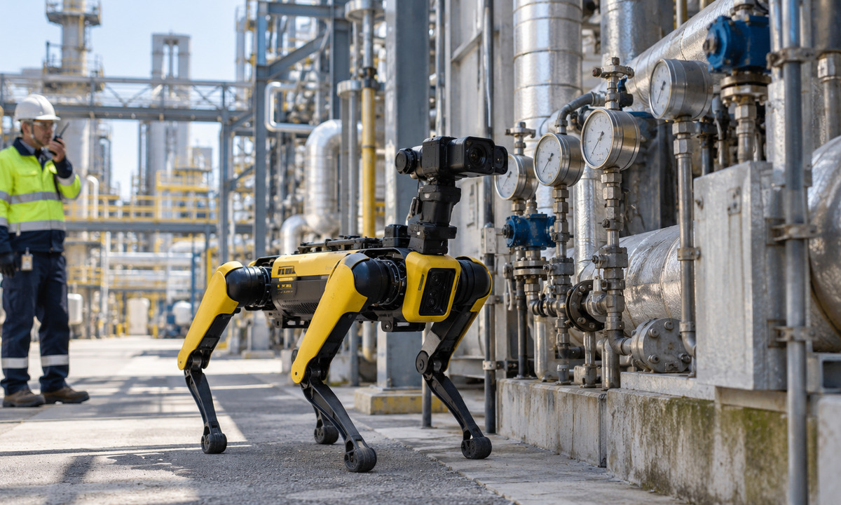 Autonomous robot positioned beside analog gauges and process piping while a plant professional remains at a safe distance.