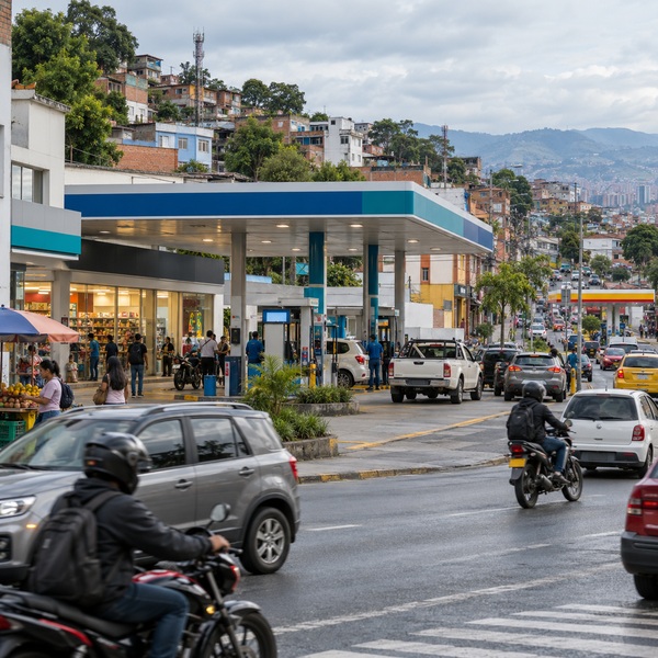 Fuel station in a dense Latin American neighborhood, surrounded by local traffic and a competing station in the distance.