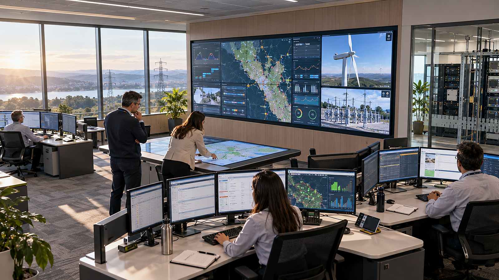 Utility operations team monitors transmission assets and security information across a large wall display and multiple workstations in a modern control centre.