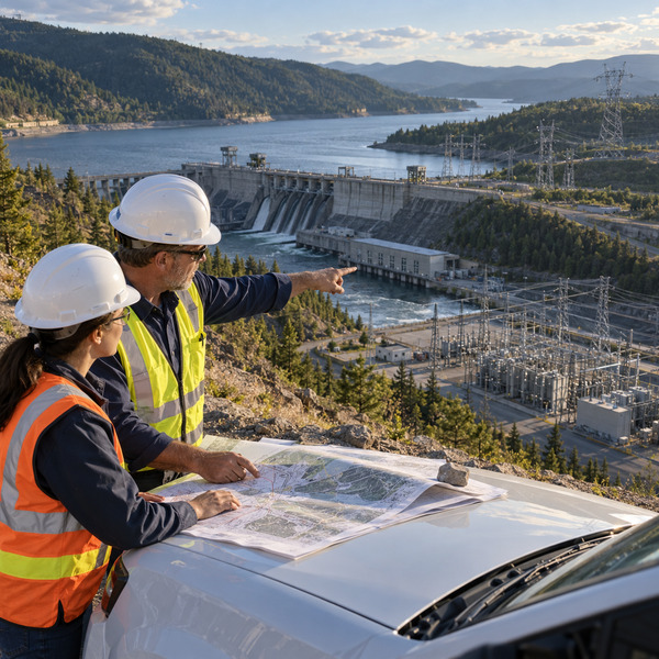 Two utility professionals review a field plan above a hydroelectric dam and electrical switchyard.