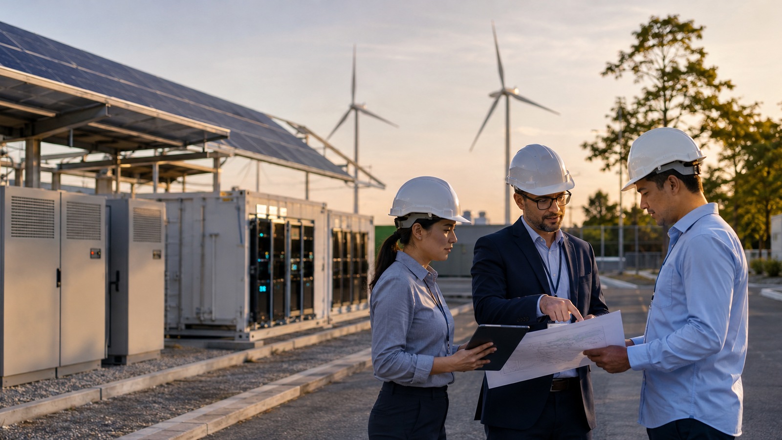 Renewable energy professionals review project plans at a site combining solar and wind infrastructure, reflecting coordinated portfolio oversight and decision-making.