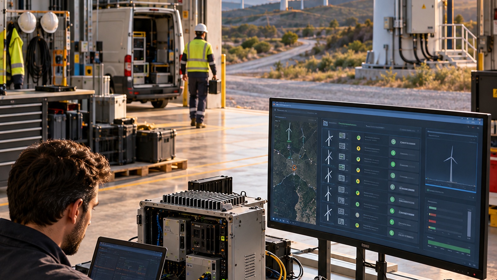 Wind energy engineering workspace overlooking operating turbines, with a technician preparing equipment and field activity from a maintenance facility.