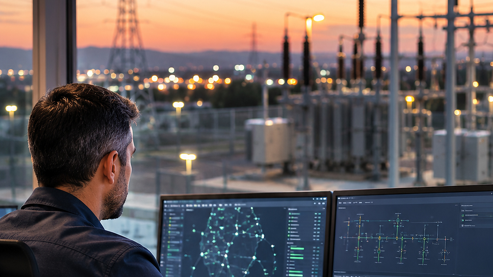 Grid operator monitors substation status at sunset, representing a traceable digital workflow from outage preparation through return to service.