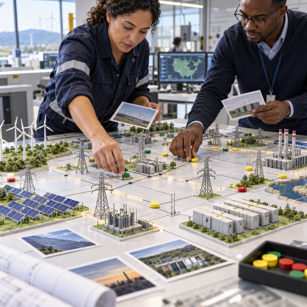 Utility specialists compare potential quantum use cases on a physical electricity-grid model with transmission, storage, wind and solar assets.