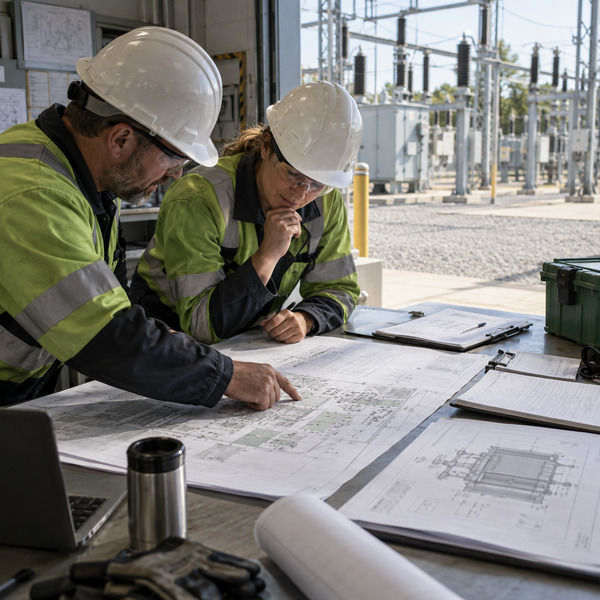 Utility engineers reviewing asset maps and equipment plans beside an electrical substation to prioritise high-value quantum sensing use cases.