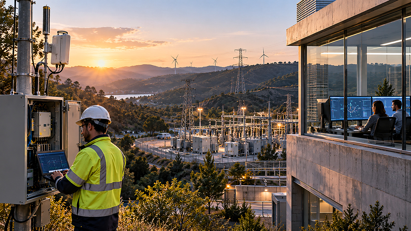 Field engineer and control-room operators monitoring a renewable-energy site from connected operational environments at sunset.