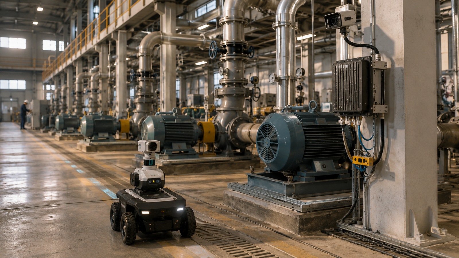 Autonomous inspection robot moving through a pump hall with industrial motors, pipework and monitoring equipment in an energy facility.