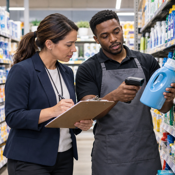 Retail lead and store associate scan a product while documenting commerce requirements in an aisle.