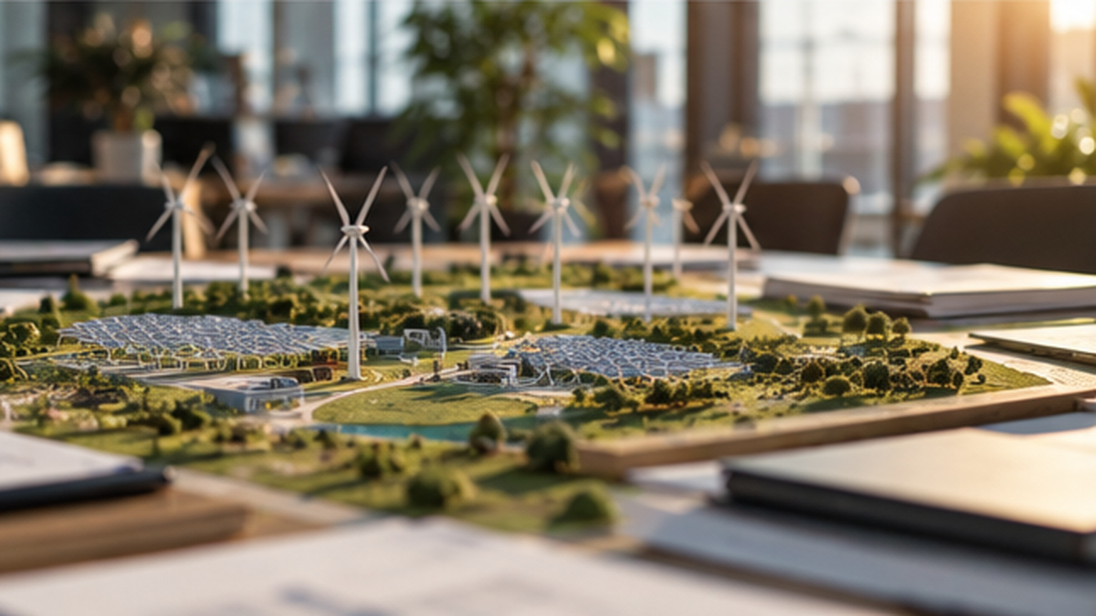 Physical model of a renewable generation site with wind and solar assets on a planning table, representing a shared target state for production-system evolution.