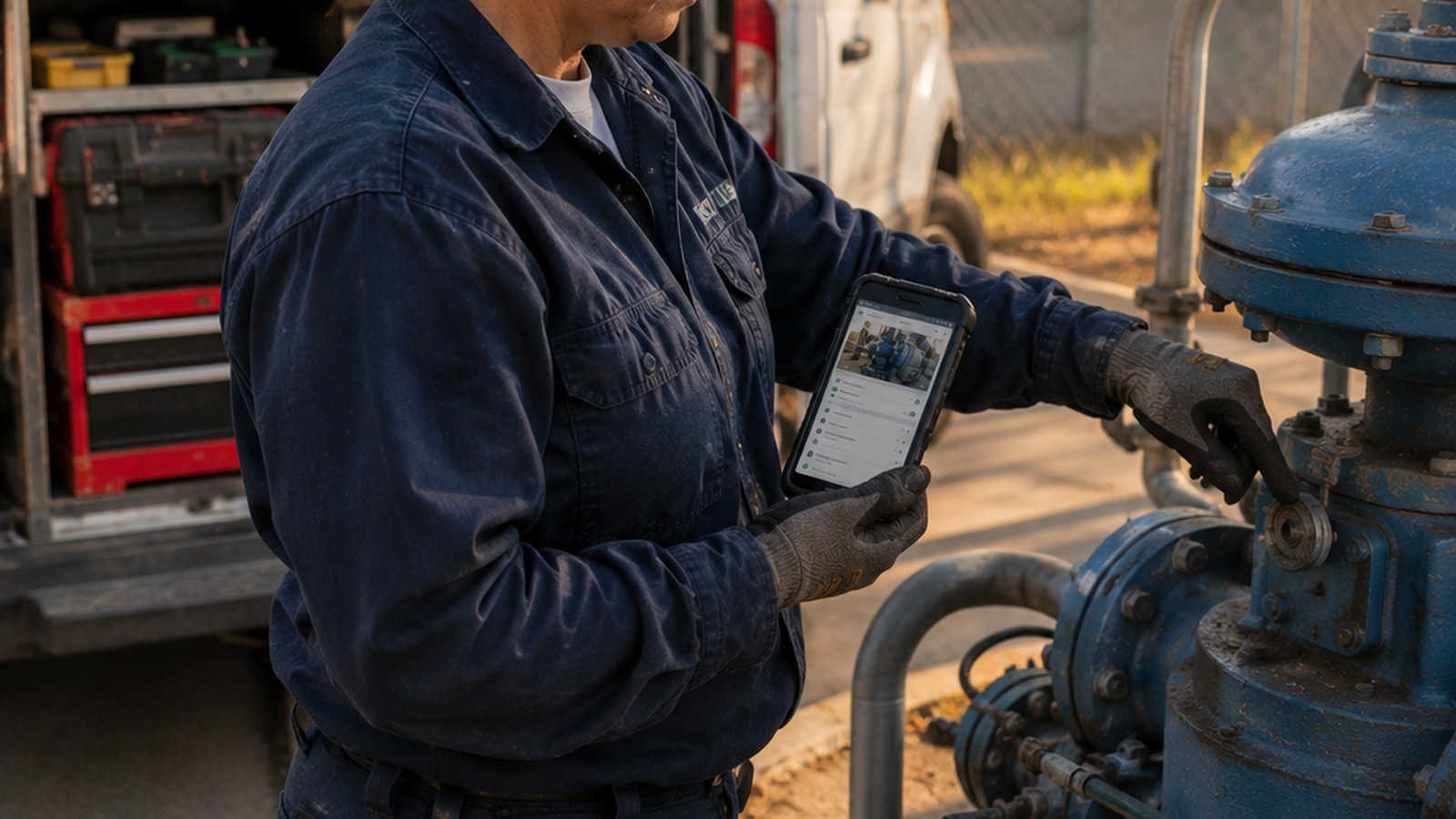 Gas utility technician inspecting a valve assembly beside an open service van, representing focused maintenance follow-up on priority network assets.