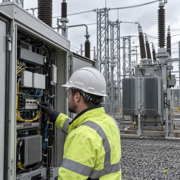 Field engineer checks secure communications equipment beside high-voltage substation assets in a realistic utility environment.