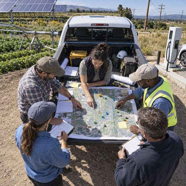 Mapping value across the utility ecosystem CMS alt text: A cross-functional utility team works around a large network map beside an agrivoltaic site, an EV charger and distribution infrastructure.
