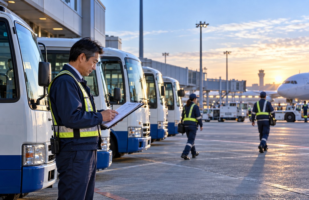 Airport operations supervisor beside a line of parked staff shuttle buses at dawn, with ground staff and terminal infrastructure in the background.