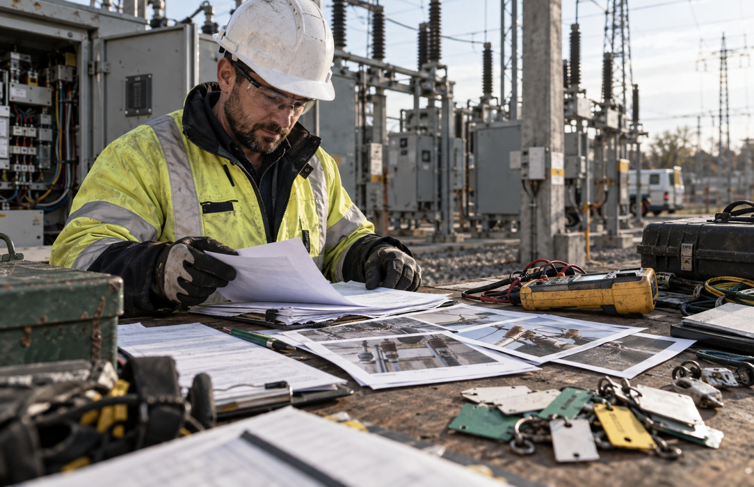 An electricity substation technician reviews paper inspection records, defect photographs, asset tags and electrical test equipment at a field workbench.