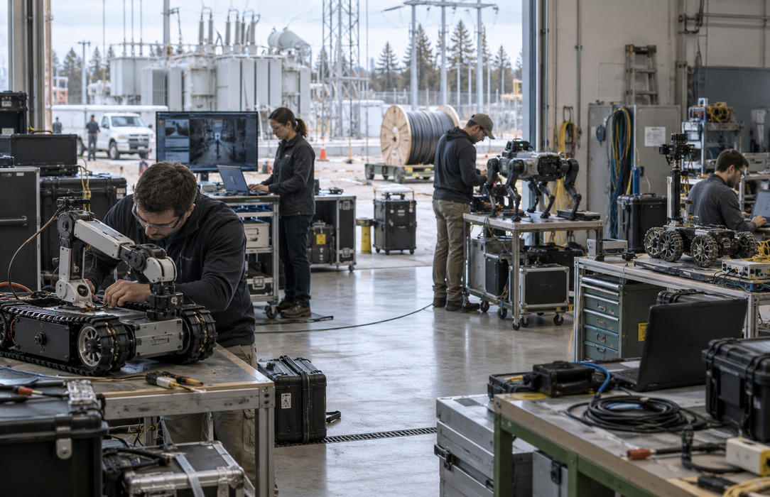 Engineers work on separate robot prototypes at isolated stations inside a utility maintenance workshop beside electrical infrastructure.